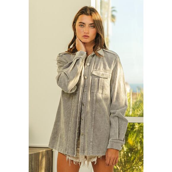 BiBi Button Up Long Sleeves Chest Pockets Relaxed Fit Corduroy Shacket | Grey - Picture 6 of 9
